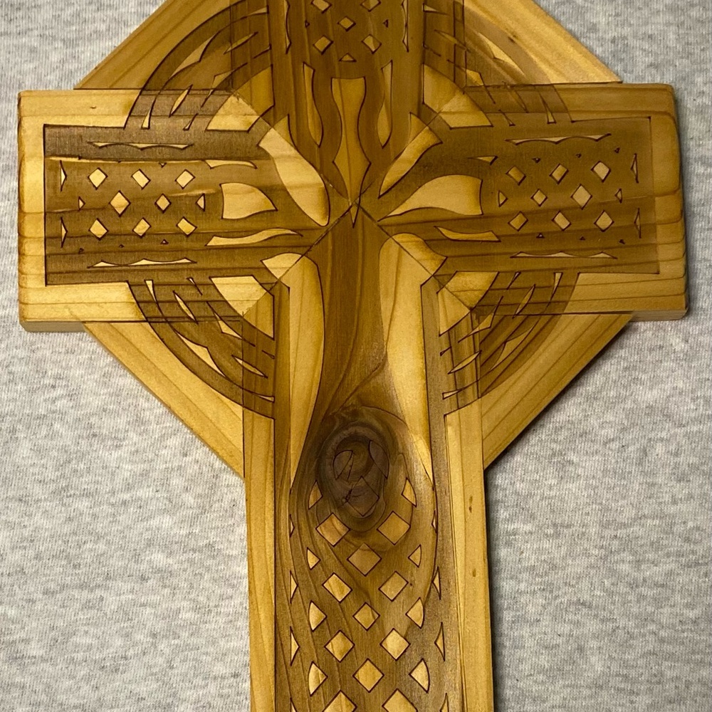 Laser engraved cedar cross